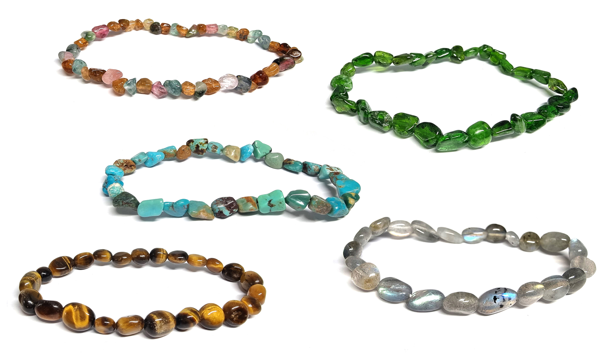 Photo de bracelets mini roule en tourmaline multi, diopside, turquoise, oeil de tigre et labradorite