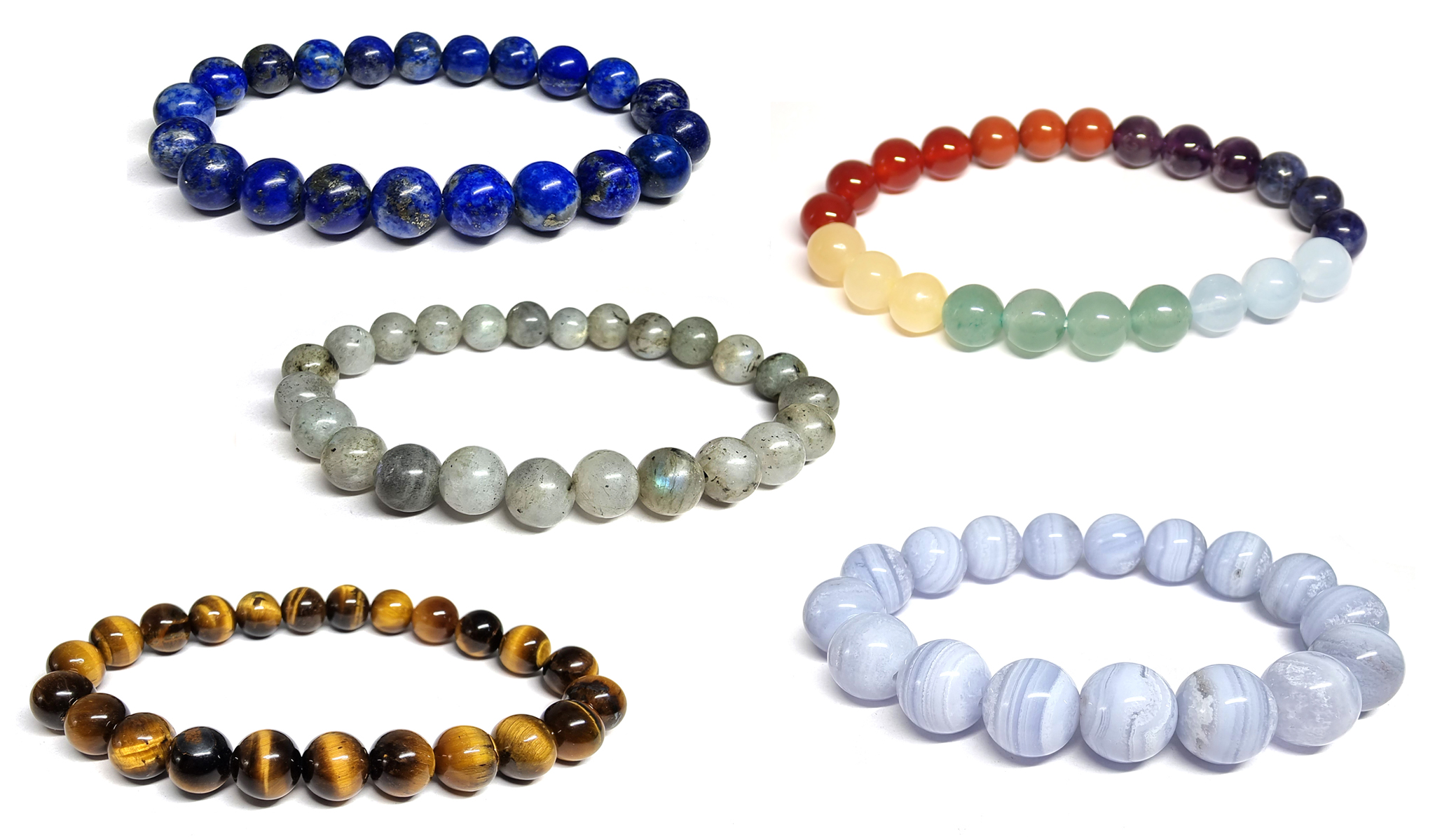 Photo de Bracelets boules en lapis lazuli, 7 chakras, labradorite, oeil de tigre et calcdoine bleue