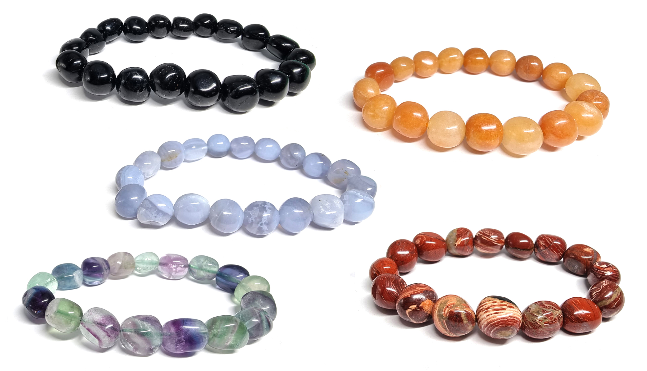 Photo de bracelets roule en tourmaline multi, aventurine orange, calcdoine bleue, fluorine et jaspe breschia